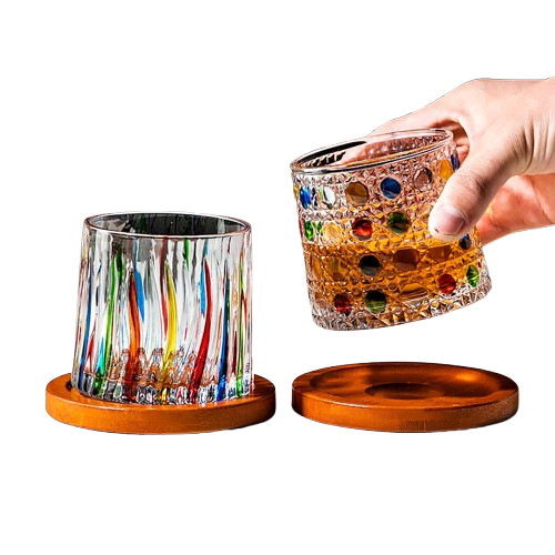 Hand-Drawn Rotating Glass Cups – Multi-Purpose Nordic Style Whiskey Glasses (270ml)